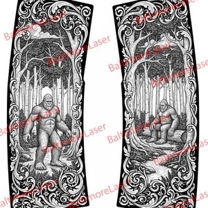 May include: Two black and white panels with detailed illustrations of a Bigfoot in a forest setting. One panel shows Bigfoot standing, the other shows Bigfoot sitting on a log. The panels have ornate, decorative borders.
