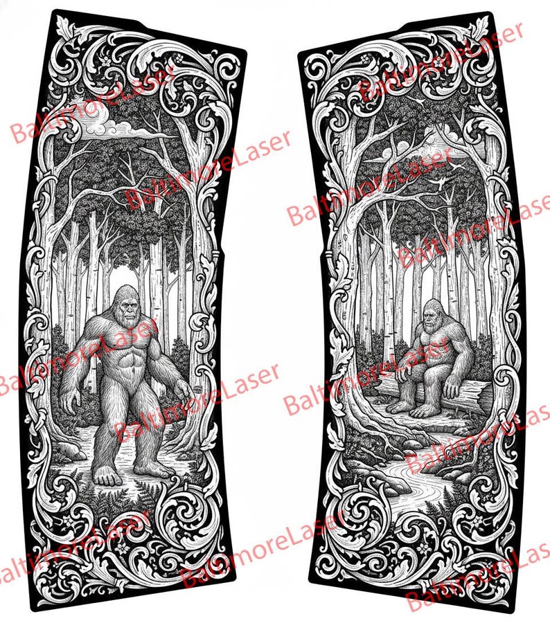 May include: Two black and white panels with detailed illustrations of a Bigfoot in a forest setting. One panel shows Bigfoot standing, the other shows Bigfoot sitting on a log. The panels have ornate, decorative borders.