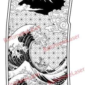 May include: Black and white illustration of a Japanese-style landscape featuring Mount Fuji, clouds, and stylized waves with a small boat. The design includes geometric patterns and traditional art elements.