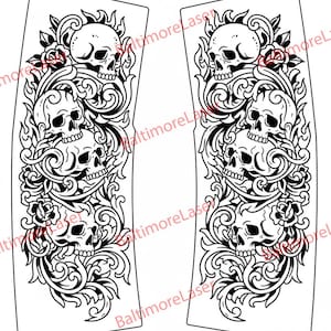 May include: Two black and white decorative panels featuring a gothic design. Each panel showcases a series of skulls, roses, and ornate scrollwork. The design is symmetrical, with the skulls and floral elements arranged in a vertical pattern.