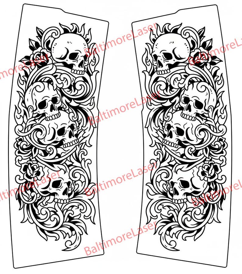 May include: Two black and white decorative panels featuring a gothic design. Each panel showcases a series of skulls, roses, and ornate scrollwork. The design is symmetrical, with the skulls and floral elements arranged in a vertical pattern.