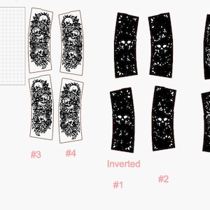 May include: Black and white digital design elements featuring skull and floral motifs, labeled #1, #2, #3, and #4, along with inverted versions. The designs are for laser cutting or similar applications.