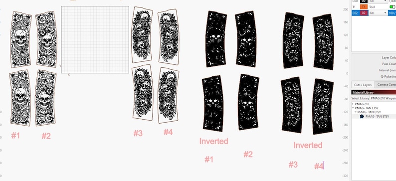 May include: Black and white digital design elements featuring skull and floral motifs, labeled #1, #2, #3, and #4, along with inverted versions. The designs are for laser cutting or similar applications.
