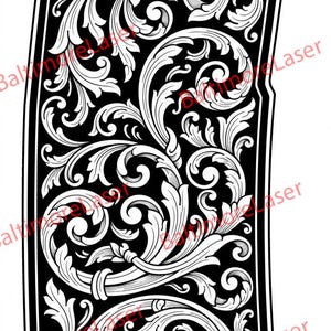 Puede incluir: Panel decorativo en blanco y negro con un intrincado diseño de desplazamiento floral. El diseño está enmarcado con un borde negro y tiene una forma curva. La imagen tiene el texto "Baltimore Laser" en las esquinas.