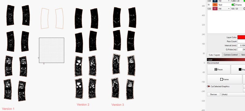 May include: A digital design layout featuring multiple versions of a laser-cut project. The design includes curved shapes and rectangular elements, with some versions showcasing intricate floral patterns. The layout is displayed on a white background.