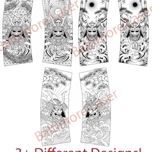 May include: Black and white illustrations of samurai warriors with detailed armor, helmets, and facial expressions. The designs feature ocean waves, trees, and suns. The text "3+ Different Designs!" is at the bottom.