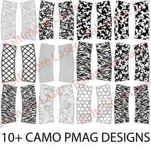 Op de afbeelding: Een verzameling van meer dan tien PMAG-ontwerpen, met verschillende patronen in zwart en wit. Ontwerpen omvatten camouflage, zebra strepen en geometrische vormen. De tekst "10+ CAMO PMAG DESIGNS" wordt onderaan weergegeven.