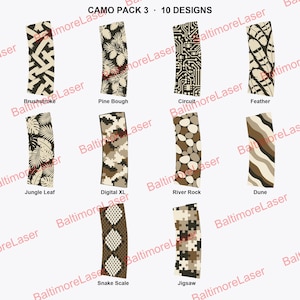 May include: A collection of ten vertical rectangular patterns labeled CAMO PACK 3, featuring designs including brushstrokes, pine boughs, circuit boards, feathers, jungle leaves, digital camo, river rocks, dunes, snake scales, and jigsaw puzzle pieces.