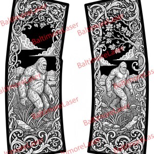 May include: Two black panels with white engraved illustrations. Each panel features a Bigfoot figure in a landscape, framed by ornate scrollwork and foliage. The text "Baltimore Laser" is repeated along the edges.