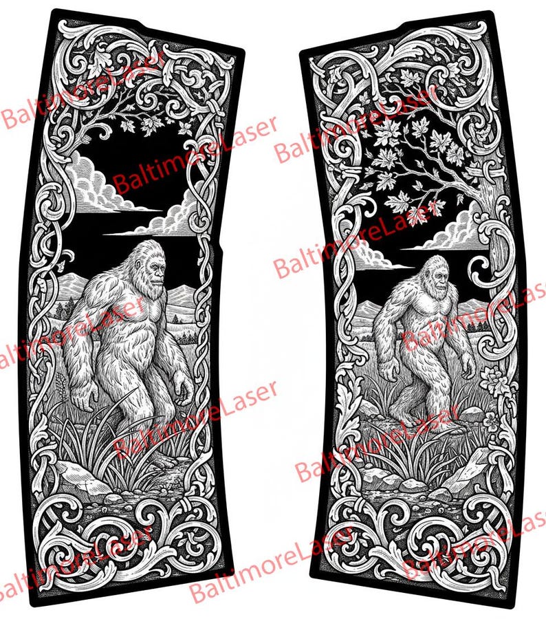 May include: Two black panels with white engraved illustrations. Each panel features a Bigfoot figure in a landscape, framed by ornate scrollwork and foliage. The text "Baltimore Laser" is repeated along the edges.