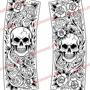 May include: Two black and white decorative panels featuring skull and rose designs. Each panel has a skull at the center, surrounded by flames, roses, and swirling vines. The roses have red accents.