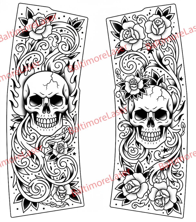 May include: Two black and white decorative panels featuring skull and rose designs. Each panel has a skull at the center, surrounded by flames, roses, and swirling vines. The roses have red accents.