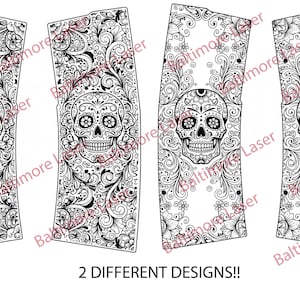 May include: Black and white decorative panels featuring sugar skull designs. Each panel showcases a detailed skull surrounded by floral and scrollwork patterns. The text "2 DIFFERENT DESIGNS!!" is at the bottom.