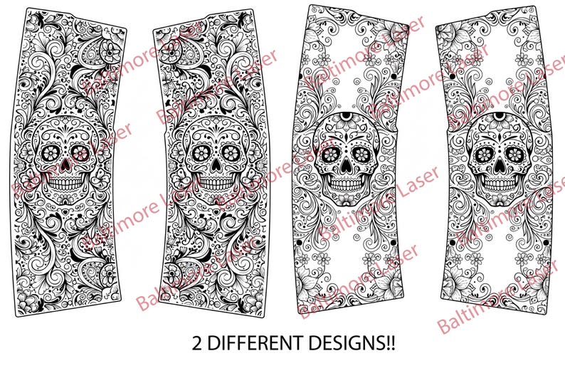 May include: Black and white decorative panels featuring sugar skull designs. Each panel showcases a detailed skull surrounded by floral and scrollwork patterns. The text "2 DIFFERENT DESIGNS!!" is at the bottom.