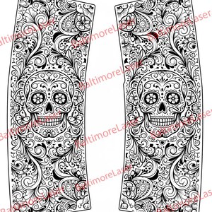 May include: Two black and white decorative panels featuring a Day of the Dead sugar skull design. The skulls are surrounded by floral and scroll patterns. The panels are symmetrical and have a curved shape.
