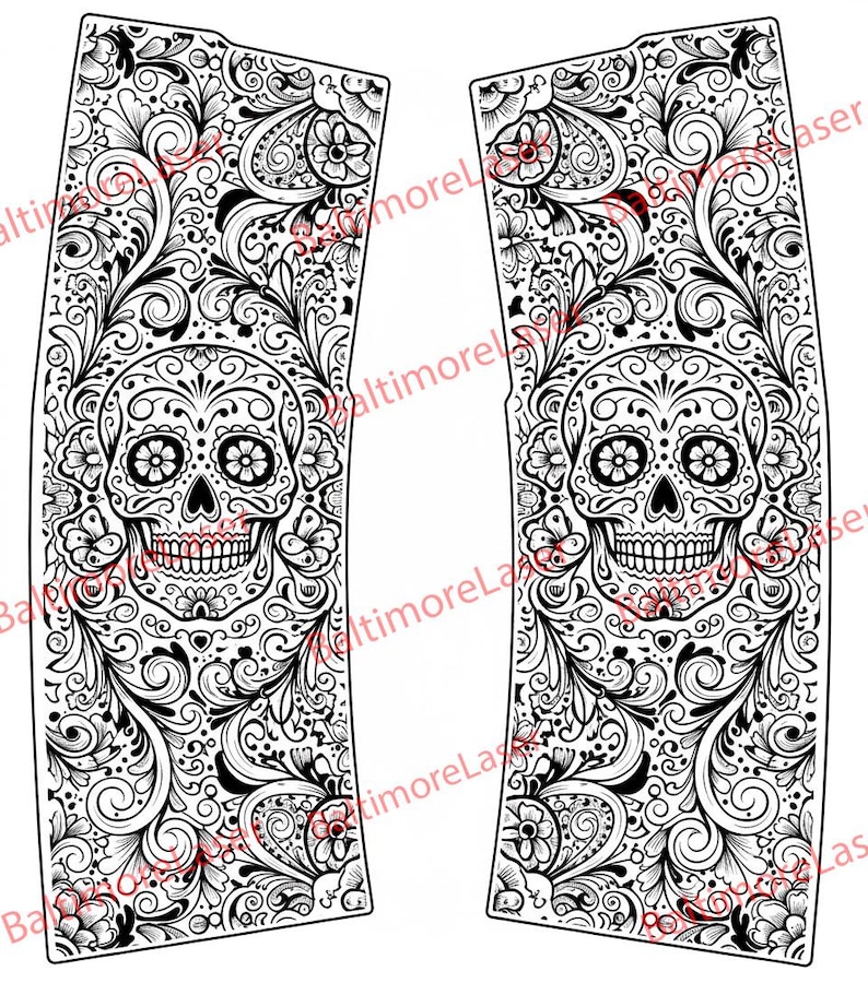 May include: Two black and white decorative panels featuring a Day of the Dead sugar skull design. The skulls are surrounded by floral and scroll patterns. The panels are symmetrical and have a curved shape.