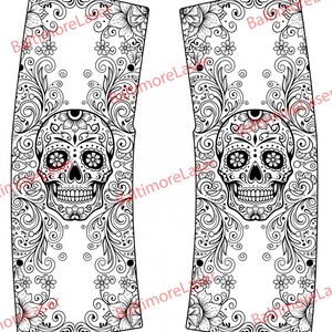 May include: Two black and white decorative panels featuring a sugar skull design. The sugar skulls are surrounded by floral and scrollwork patterns. The panels have a rectangular shape with rounded corners and are suitable for various decorative applications.