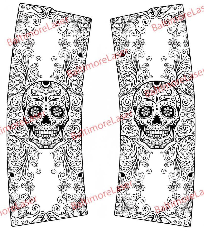 May include: Two black and white decorative panels featuring a sugar skull design. The sugar skulls are surrounded by floral and scrollwork patterns. The panels have a rectangular shape with rounded corners and are suitable for various decorative applications.
