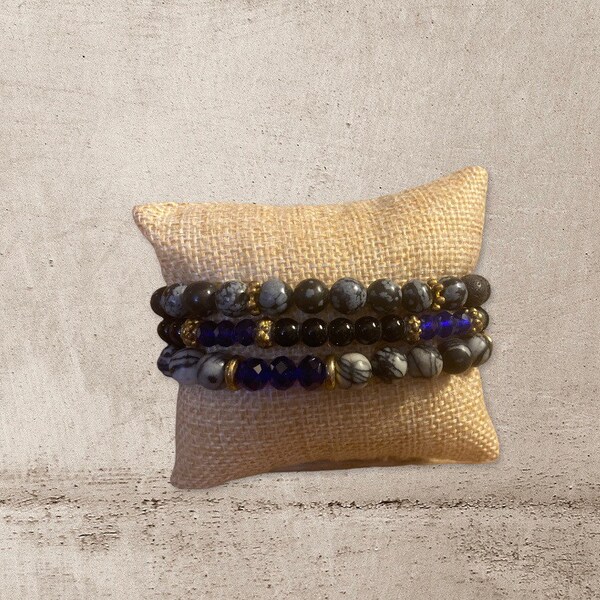 Black Veined Jasper, Black Gemstone highlighted with Blue glass beads Bracelets| Chakra Bracelet Set| Boho Bracelet