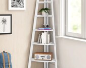 White Mid Century Bookcase Corner Bookshelf Wooden Storage Furniture