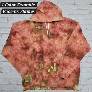 May include: A red, orange and yellow tie-dye hoodie with a white drawstring. The hoodie has a "1 Color Example Phoenix Flames" text label.