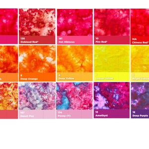 May include: A colour chart featuring 12 different shades of red, orange, yellow, and purple. Each colour is represented by a square with a tie-dye pattern. The squares are labelled with numbers and names, such as "Light Red", "Oxblood Red", "Hot Hibiscus", "Fire Red", "Chinese Red", "Orange Crush", "Deep Orange", "Deep Yellow", "Lemon Yellow", "Bright Yellow", "Tangerine", "Sweet Pea", "Penny (T)", "Amethyst", and "Deep Purple."