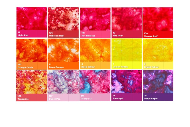 May include: A colour chart featuring 12 different shades of red, orange, yellow, and purple. Each colour is represented by a square with a tie-dye pattern. The squares are labelled with numbers and names, such as "Light Red", "Oxblood Red", "Hot Hibiscus", "Fire Red", "Chinese Red", "Orange Crush", "Deep Orange", "Deep Yellow", "Lemon Yellow", "Bright Yellow", "Tangerine", "Sweet Pea", "Penny (T)", "Amethyst", and "Deep Purple."