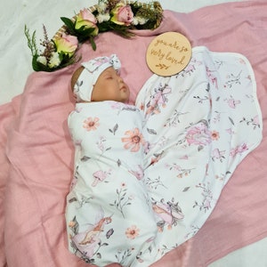 Floral Baby Swaddle Blanket Set Baby Girl Swaddle. Floral Baby Swaddle Wrap and Bow. Newborn Receiving Blanket. Baby Shower Gift