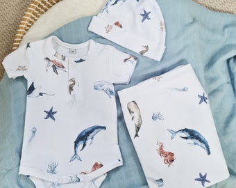 Baby Boy Bodysuit Short Sleeves Babygrow Newborn Vest / Baby Shower Gift / Baby Arrival Outfit / Newborn Baby Clothes With Ocean Animals