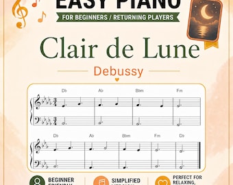 Clair de Lune Piano Sheet Music - Easy White Keys Only Arrangement - PDF - Debussy