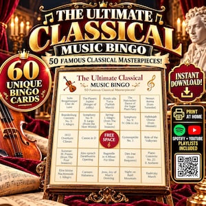 Op de afbeelding: Een digitaal bingospel getiteld The Ultimate Classical Music Bingo met 50 beroemde klassieke meesterwerken. Het bord bevat 60 unieke kaarten, een gratis ruimte en een QR-code voor Spotify- en YouTube-afspeellijsten. Directe download voor thuis.