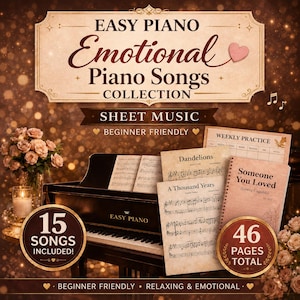 Colección de partituras emotivas para piano: 15 canciones simplificadas para piano digital en formato PDF imprimible.