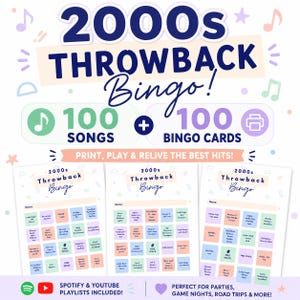 May include: A colorful graphic for a 2000s Throwback Bingo game. The design includes the text "2000s Throwback Bingo!" with 100 songs and 100 bingo cards. The image also includes the text "Print, Play & Relive the Best Hits!"