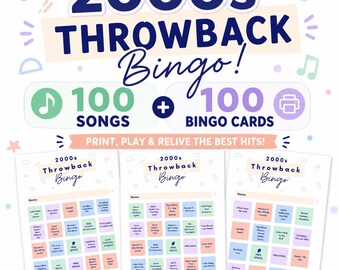 2000s Throwback Music Bingo Game - 100 Bingo Cards - Song Playlists Included - Printable PDF Game - Download