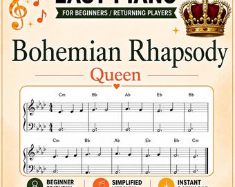 Bohemian Rhapsody Piano Sheet Music - Note Names - Easy Piano - Simplified Arrangement - Instant Download