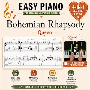 Bohemian Rhapsody Piano Sheet Music - With Note Names & Video - Easy Piano PDF - Simplified Arrangement - Rock Band Song - 70s Music - MP3