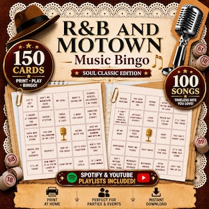 Motown and R&B Music Bingo Party Game - Printable Trivia - 150 Cards + Playlists - Soul Music image 1