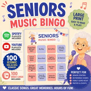 Musik-Bingo für Senioren – 50er und 60er Song Quiz – 100 Bingokarten – Senior Brain Game – Soziale Spiele Senioren – Seniors Partyspiel