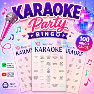 以下が含まれることがあります： カラオケパーティービンゴゲームセット。ピンクのマイク、ディスコボール、音符、曲名が書かれたビンゴカードが特徴です。100枚のビンゴカード、SpotifyとYouTubeのプレイリストリンク、印刷とプレイのオプションが含まれています。