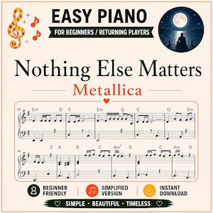 Nothing Else Matters Sheet Music - Easy Piano PDF Score - Simplified Piano Arrangement - With Note Names - Rock Band Song - Mp3 Music