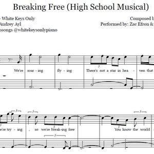 Breaking Free, Piano Sheet Music, Easy Sheet Music, White Keys Only, Piano for beginners,Printable Piano,Digital sheet music,Music education