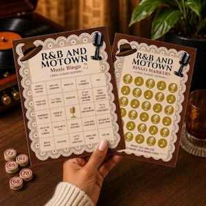 May include: Two rectangular R&B and Motown Music Bingo cards with a brown lace border. One card features a 5x5 grid of song titles, while the other contains circular bingo markers with microphone and musical note icons, both featuring a fedora hat.