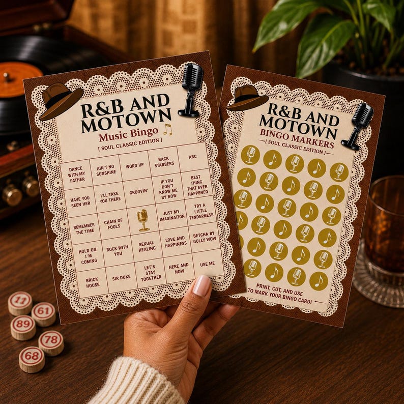 May include: Two rectangular R&B and Motown Music Bingo cards with a brown lace border. One card features a 5x5 grid of song titles, while the other contains circular bingo markers with microphone and musical note icons, both featuring a fedora hat.