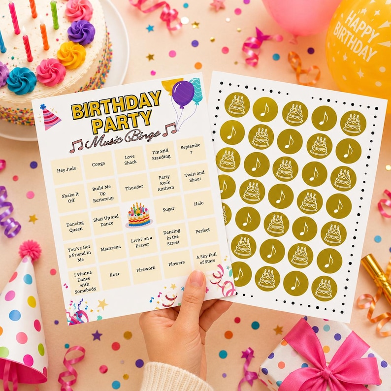 May include: A birthday party music bingo game card featuring a grid of song titles and a matching sheet of gold circular markers with cake and music note icons. The bingo card includes the text Birthday Party Music Bingo and song titles.