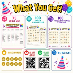 May include: A digital birthday party music bingo game set featuring a 75-song list, 100 unique bingo cards, printable markers, and QR codes for YouTube and Spotify playlists. The graphic includes party hats, balloons, and musical notes.