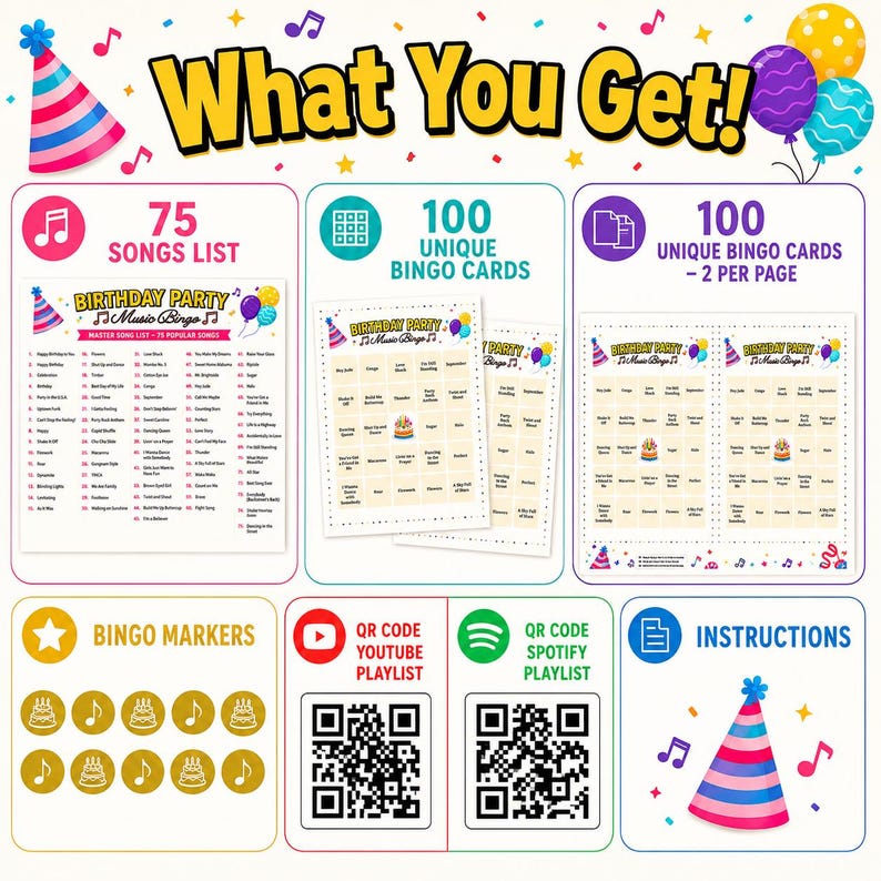 May include: A digital birthday party music bingo game set featuring a 75-song list, 100 unique bingo cards, printable markers, and QR codes for YouTube and Spotify playlists. The graphic includes party hats, balloons, and musical notes.