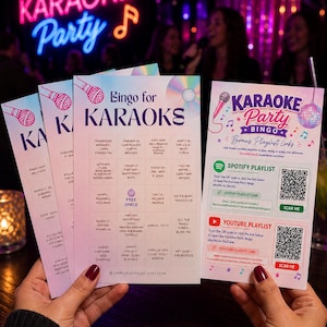 May include: Karaoke Party Bingo cards with song titles and QR codes for Spotify and YouTube playlists. The cards feature a microphone graphic and the text "Bingo for Karaokes". The background includes a neon "Karaoke Party" sign.