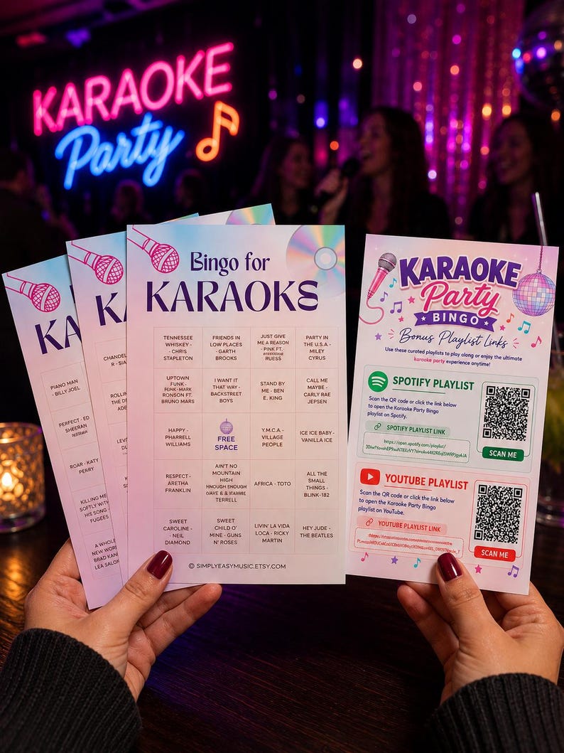 May include: Karaoke Party Bingo cards with song titles and QR codes for Spotify and YouTube playlists. The cards feature a microphone graphic and the text "Bingo for Karaokes". The background includes a neon "Karaoke Party" sign.