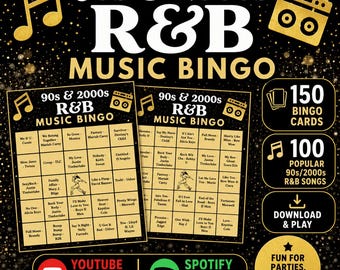 Bingo met R&B-muziek uit de jaren 90 en 00 - Een retro feestspel - Rapquiz PDF - 150 kaarten - Hiphop