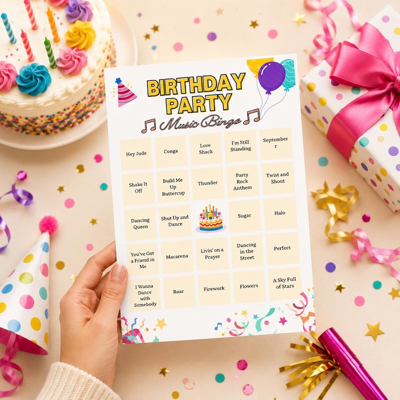 May include: A rectangular Birthday Party Music Bingo game card featuring a grid of song titles, a central birthday cake illustration, and colourful party graphics including balloons, confetti, and a party hat at the top corners.